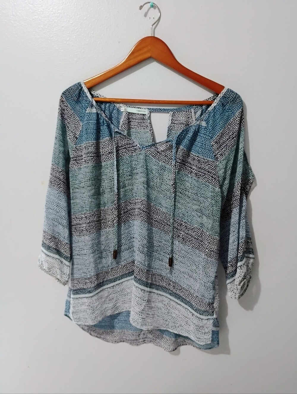 Maurices Teal and Gray Striped Tie-Front Peasant Top